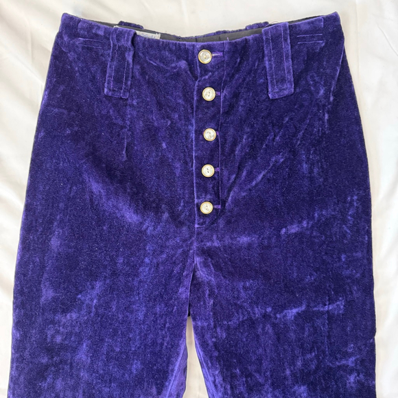 Vintage 70s Glam Velvet Purple Pants Women's L Flare Button Front Rockerchic - Picture 3 of 13